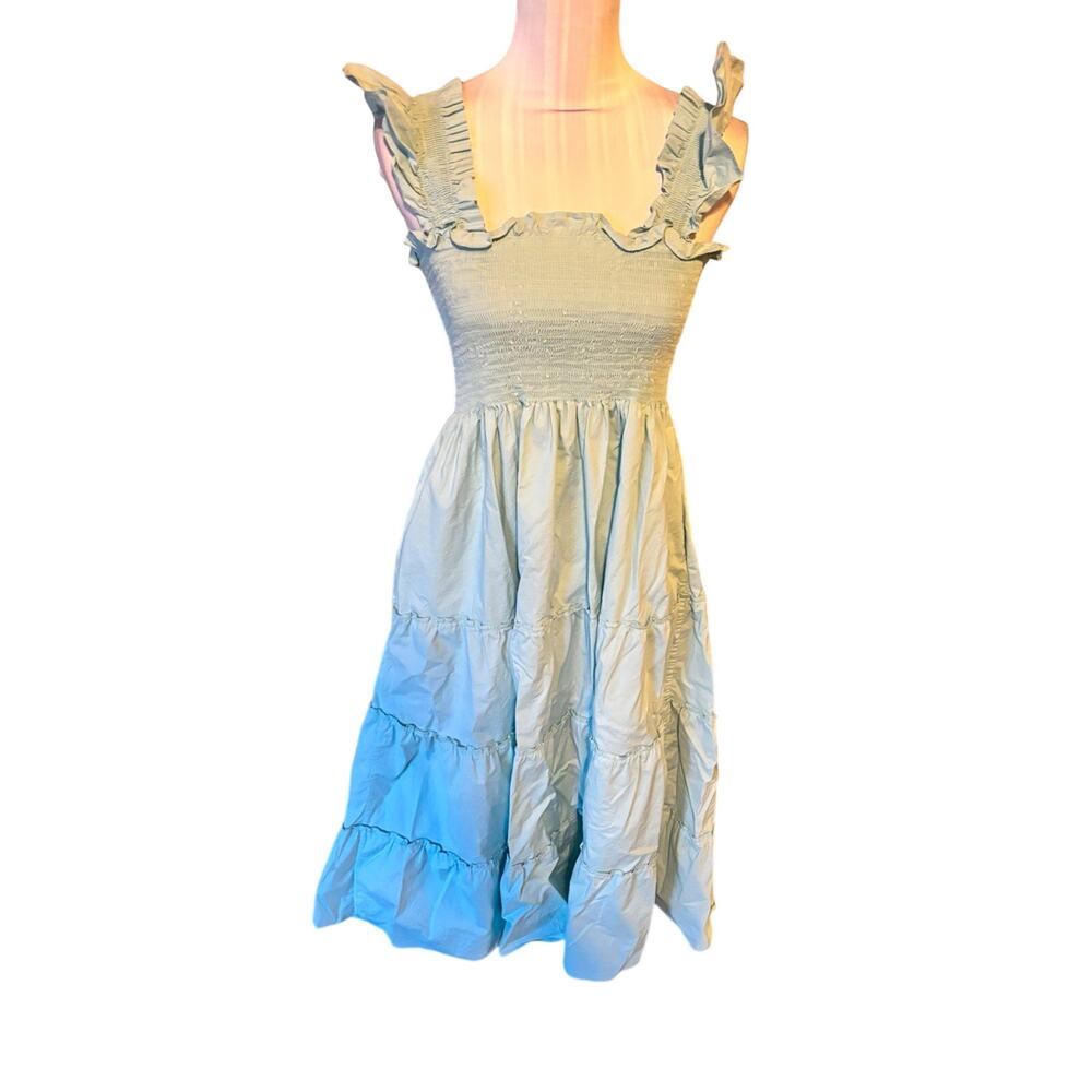 Turquoise Solid Smocked Ruffle Strap Tiered A-Line Midi Sundress Size S